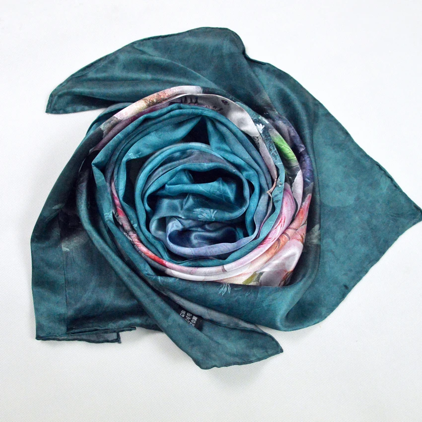 [BYSIFA] Ink Blue Women Scarf Shawl Autumn Winter Warm Pure Silk Scarf 178*52cm 100% Pure Silk Long Scarf Chinese Roses Scarves