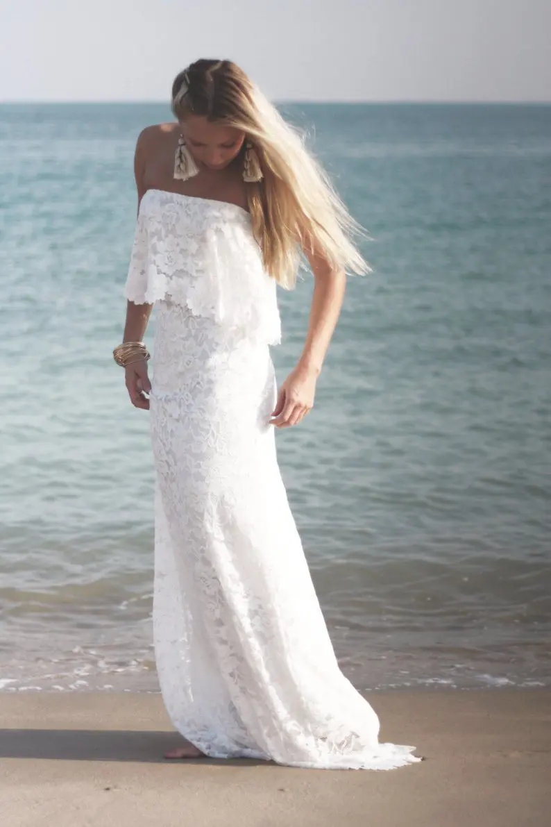 Strapless Lace Wedding Dresses 2019 Boho Bohemian Beach Bridal Gowns Sweep Train Custom Made