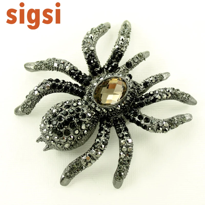 2.5H x 2 .25W inches Black and grey Crystal Rhinestone Halloween Spider Fashion Jewelry Pin Brooch