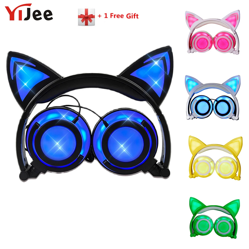 YiJee Foldable Cat Ear Headphones with LED Flashing Light Gaming Headset Glowing Stereo Cat Earphones for PC Mobile Phone