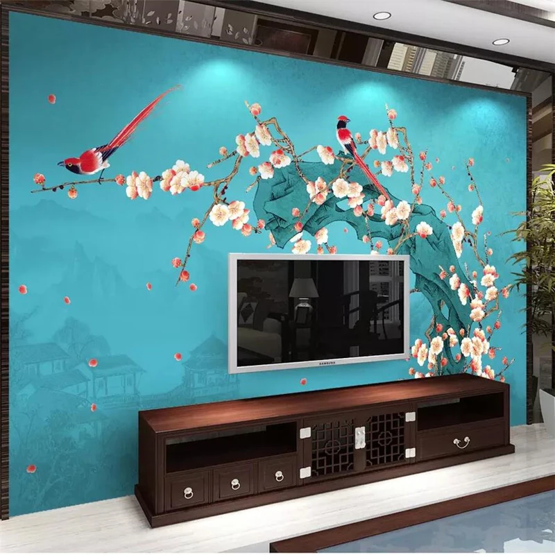 

wellyu Chinese-style hand-painted plum blossoms, flowers and birds, landscape TV, sofa, wall, custom large mural wallpaper