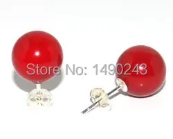 8mm Red Natural Round Coral Earring With 925 Sterling Silver Stud