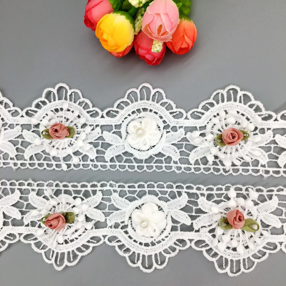 

1 Yard 3D Flower Pearl Soluble Waving Lace Trim Wedding Dress French Fabric Ribbon Embroidered Child Applique Hat Sewing Craft