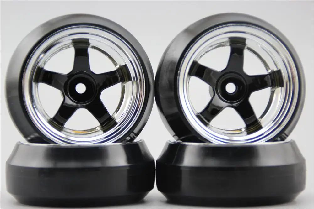 4pcs RC 1/10 Hard Drift Tire Tyre Wheel Rim W5S4CK 6mm Offset(Chrome+Painting Black) Fits For 1:10 Drift Car