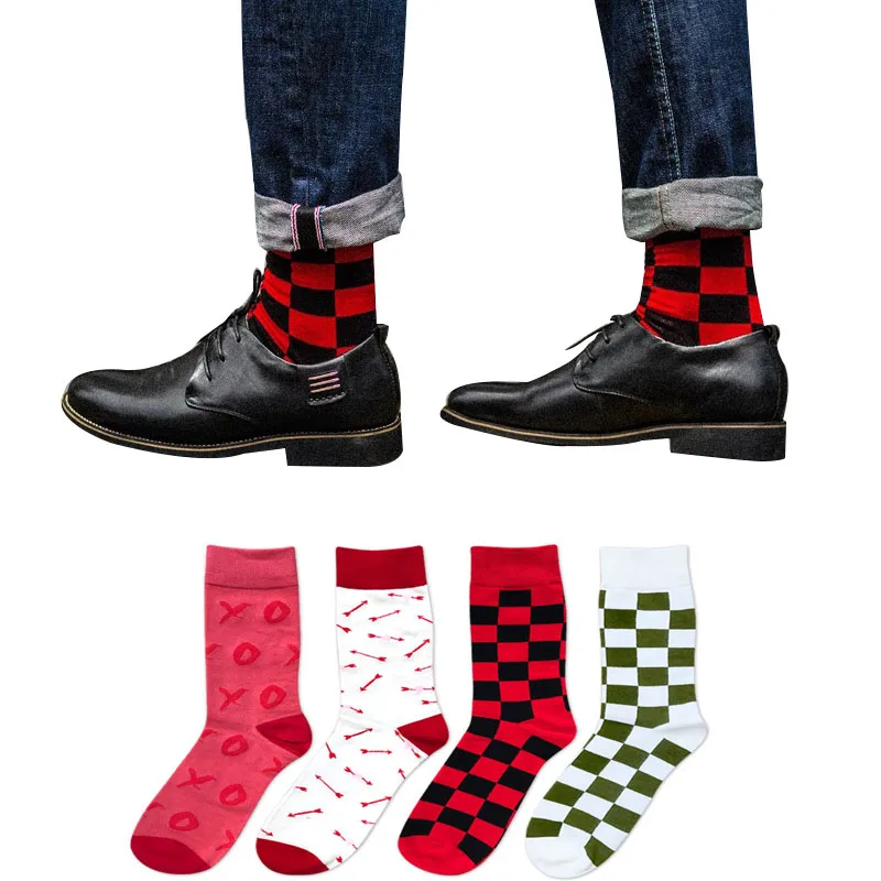 

4 Pairs Men Short Socks Spring Winter Good Cotton Large Size Eur41-46 Fashion Plaid Socks Happy Funny Tide Brand Male Sock Meias