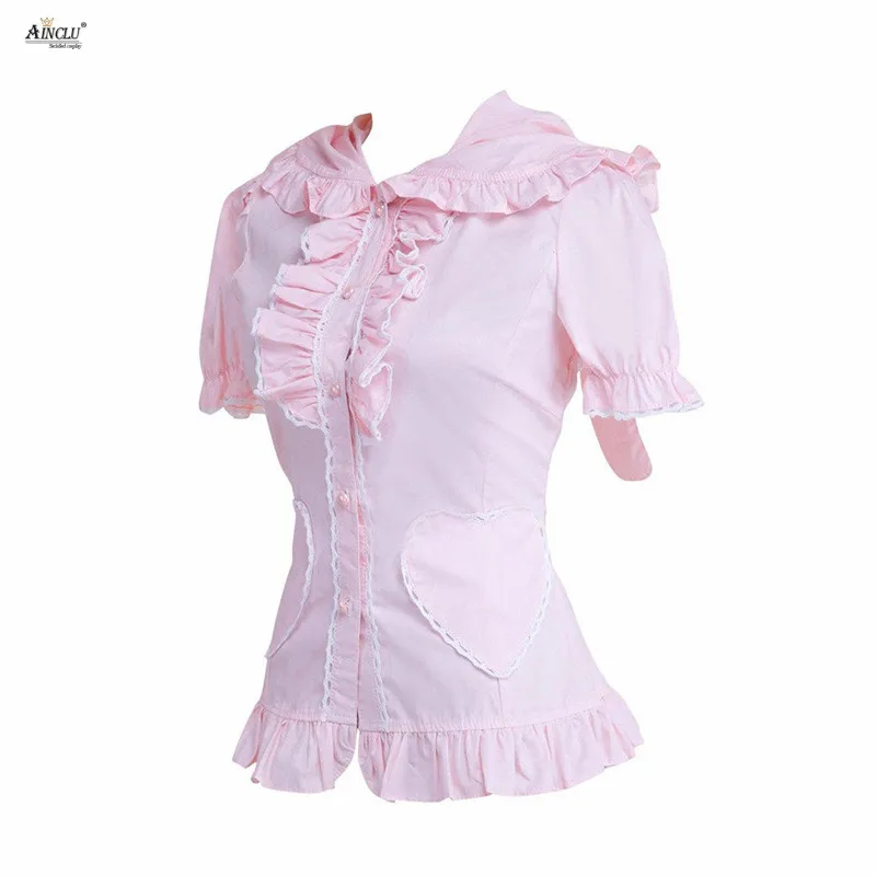 Casual/Party/Halloween,/Christmas Ainclu Womens Sweet Pink Short Sleeves Defined Waist Cotton Lolita Blouse With Cap/Ribbon