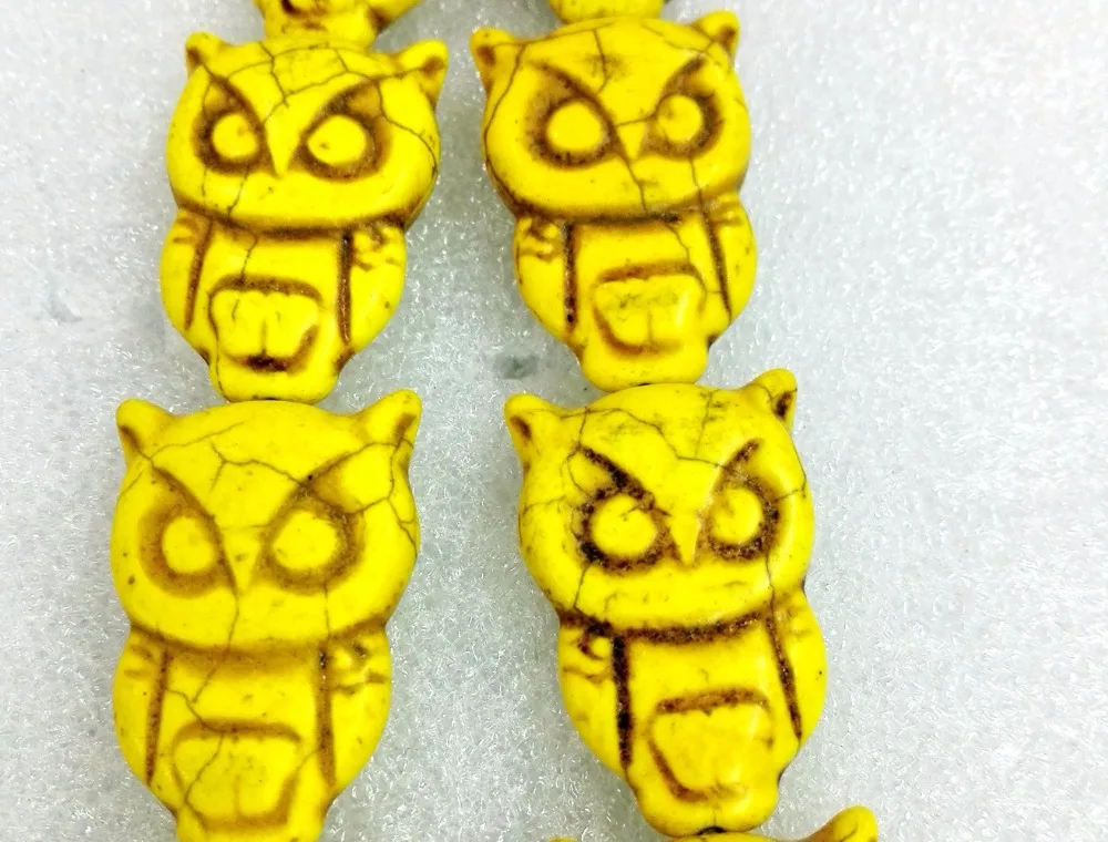 Total 13 pcs beads 32x20mm carved owl animal Bright yellow howlite stone Loose Beads