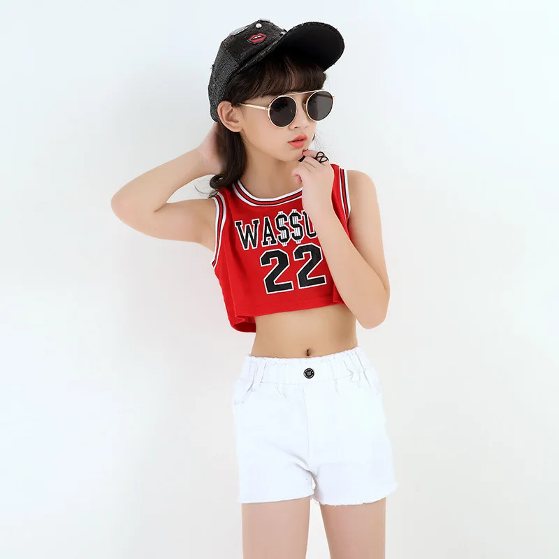 Kids Modern Hip Hop Jazz Dance Costumes for Girls Crop Top Ballroom Dancing Clothes Party Show Stage Costume Casual Shorts