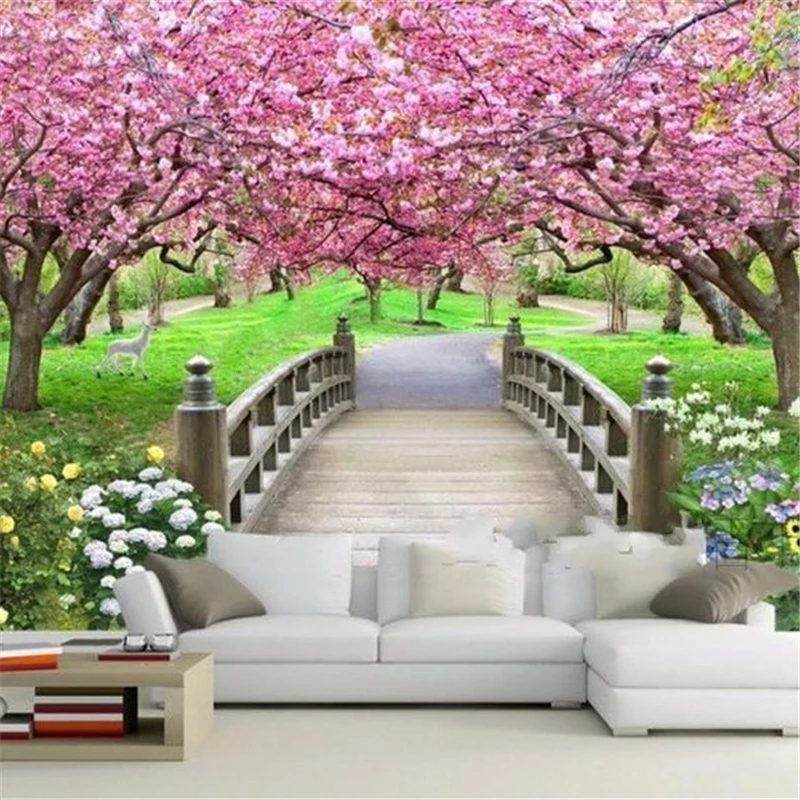 Home Decor Wallpaper Mural Photo Sakura Wood Bridge Park Background Wall paper 3D Living Room Bedroom Customized Painting