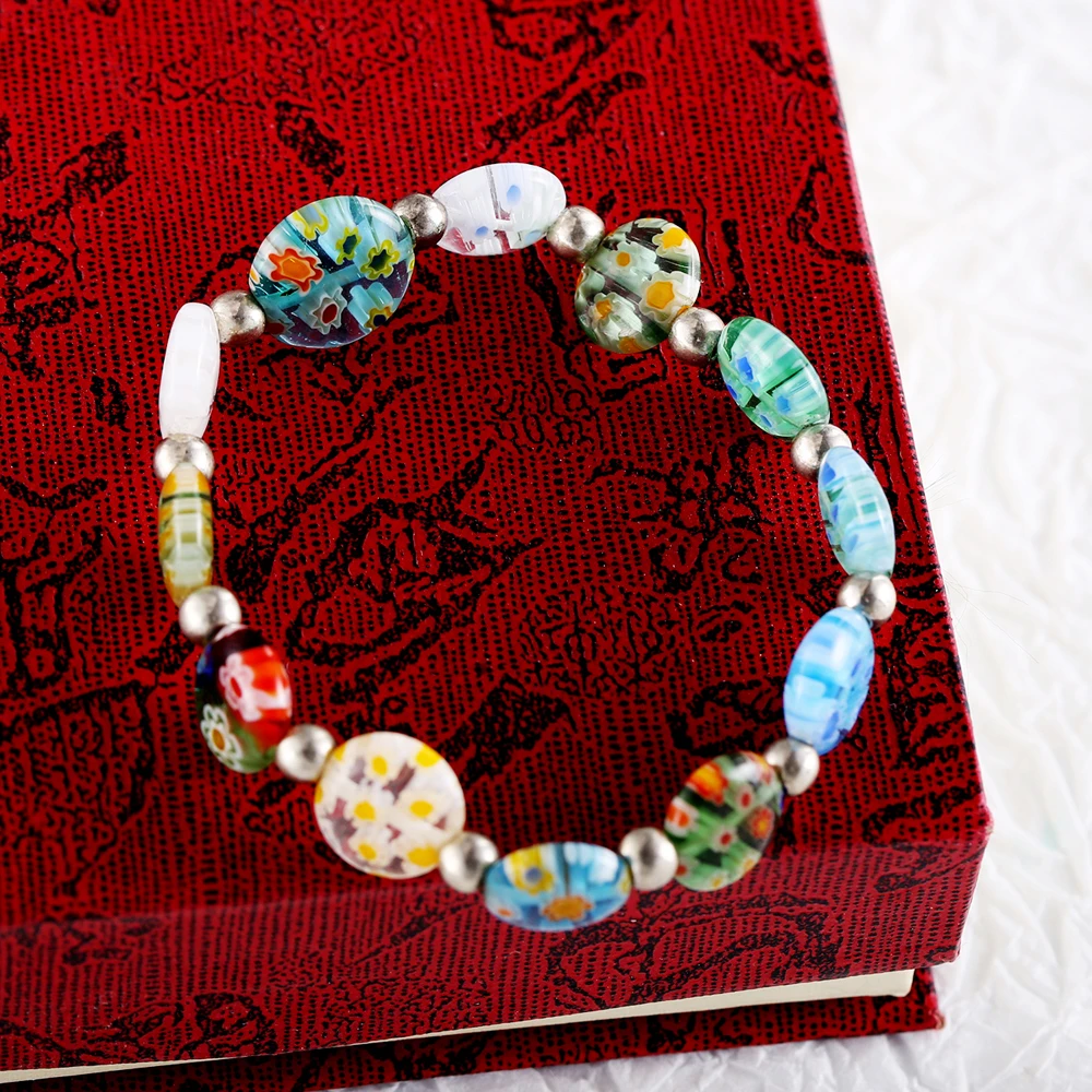 10mm Round Beads Glass Millefiori Flower Lampwork Beads Elastic Bracelet Women Trendy Beaded Strand Bracelets Gift for Women