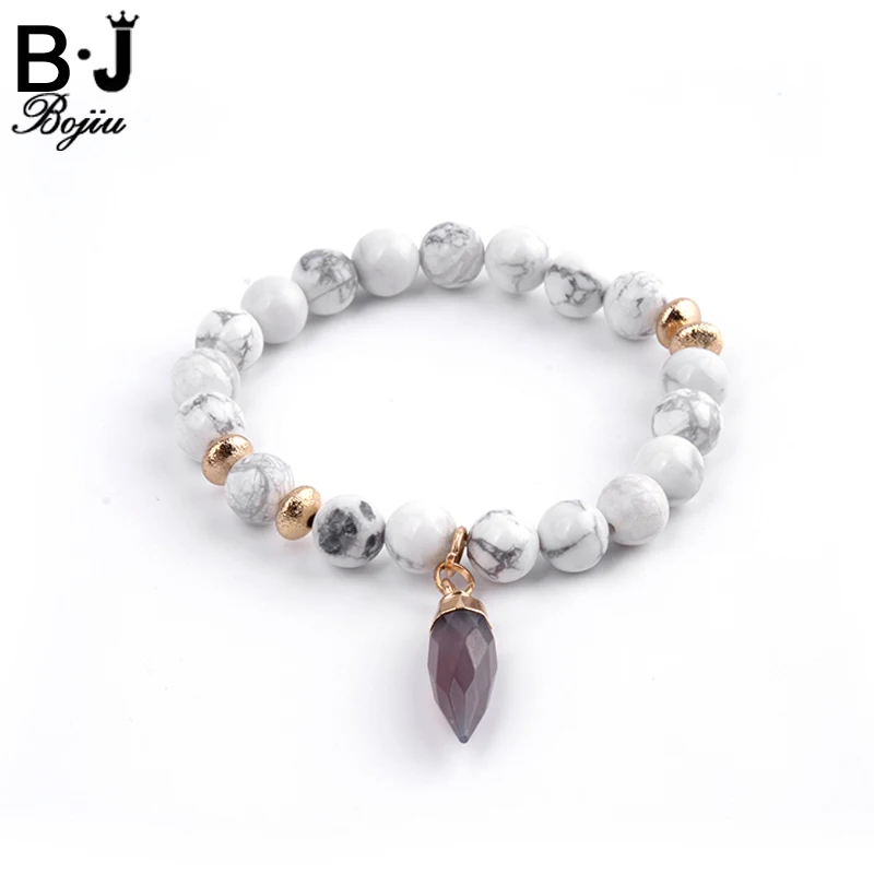 BOJIU White Howlite Mixed Ag. Colored Bead Flat Copper Beads Women Casual Strand Bracelet Bullet Pendant Bracelets BC153