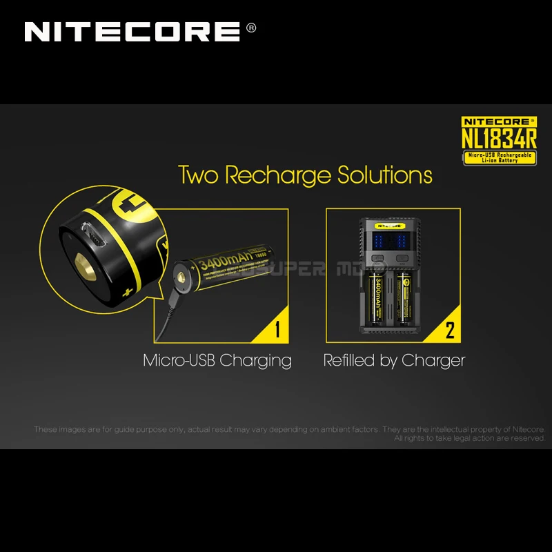 Hot Sale Nitecore NL1834R 3400mAh Micro-USB 18650 Li-ion Rechargeable Battery with Charging Port