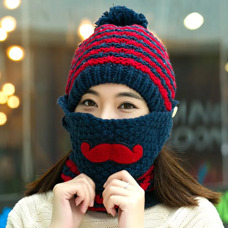 hat scarf mask sets female winter knitted hat knitted autumn and winter thermal masks cap plus velvet cycling cap ear