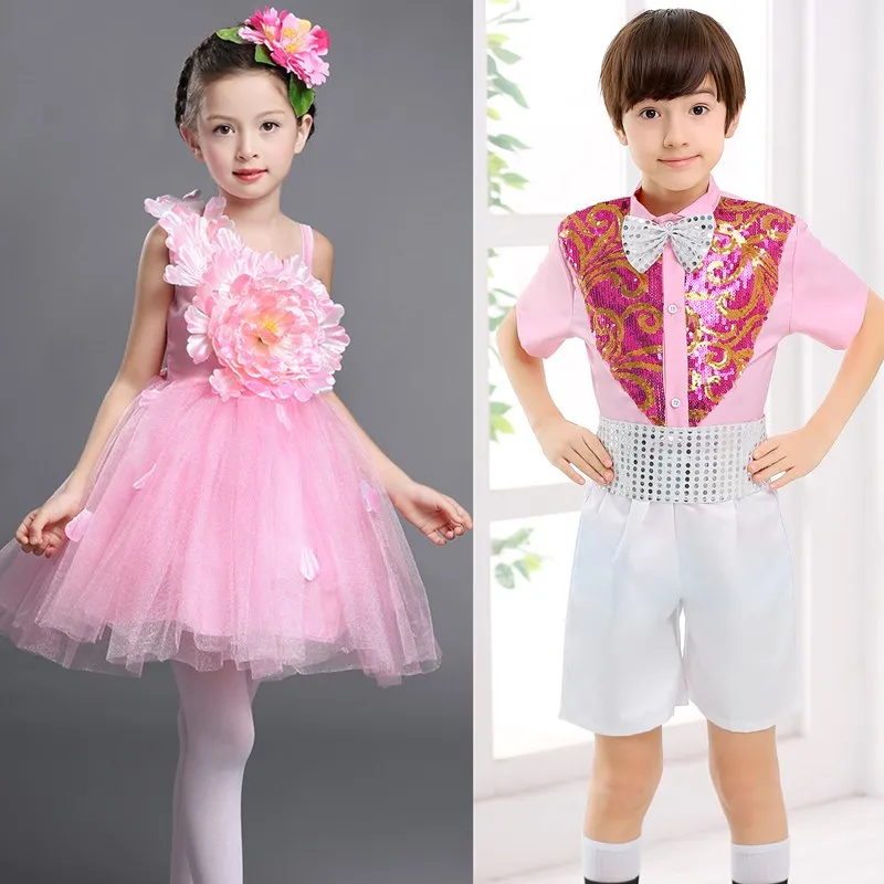 New sequin khiêu vũ váy hoa phù hợp với chàng trai cô gái màu hồng công chúa Dresses xù xì gạc ba lê tutu latin cho trẻ em trang phục biểu diễn