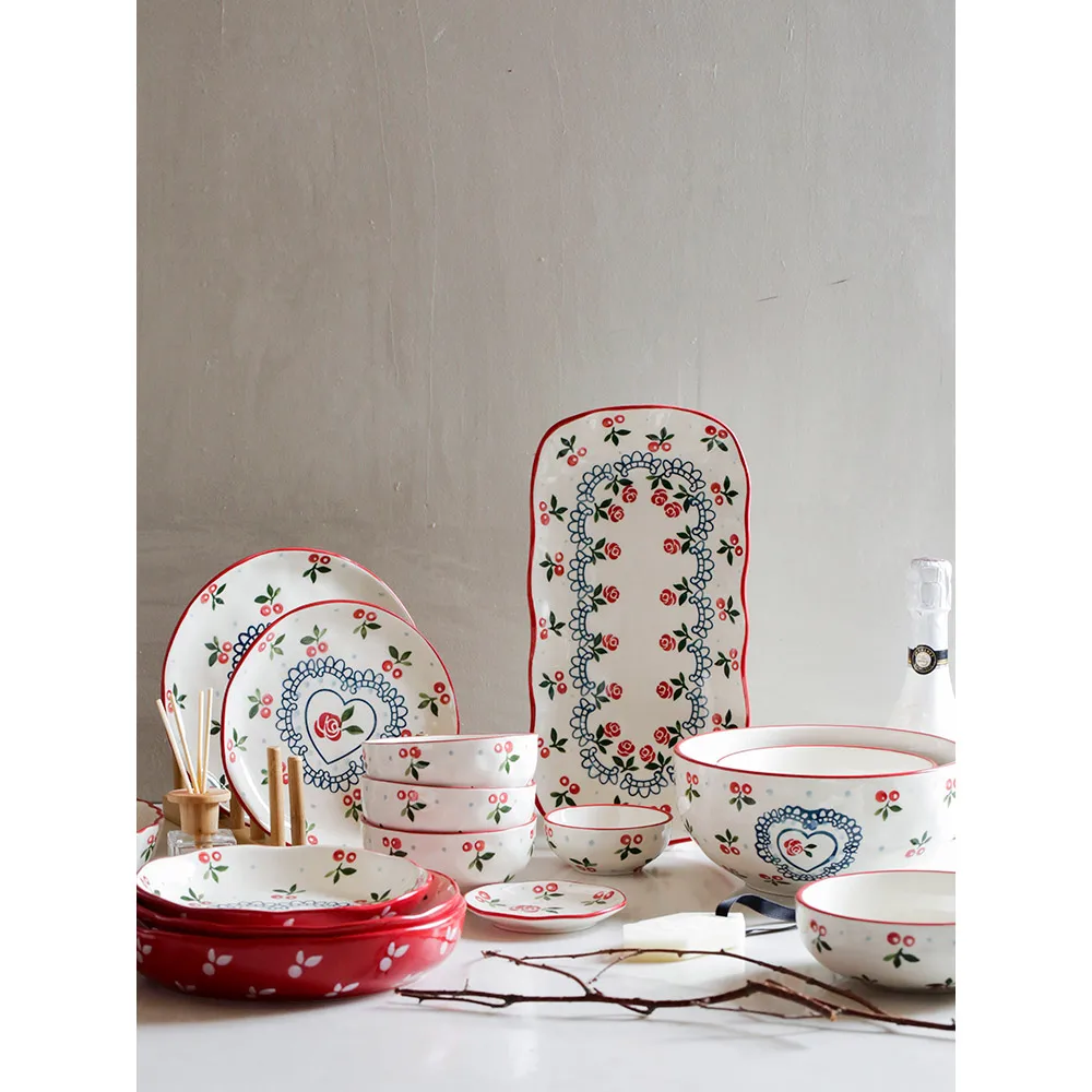 Ceramic Dinnerware Set Cherry Handpainted Printed Japan Style Porcelain Bowl Plates Under Glazed Creative Cutlery Microwave Oven