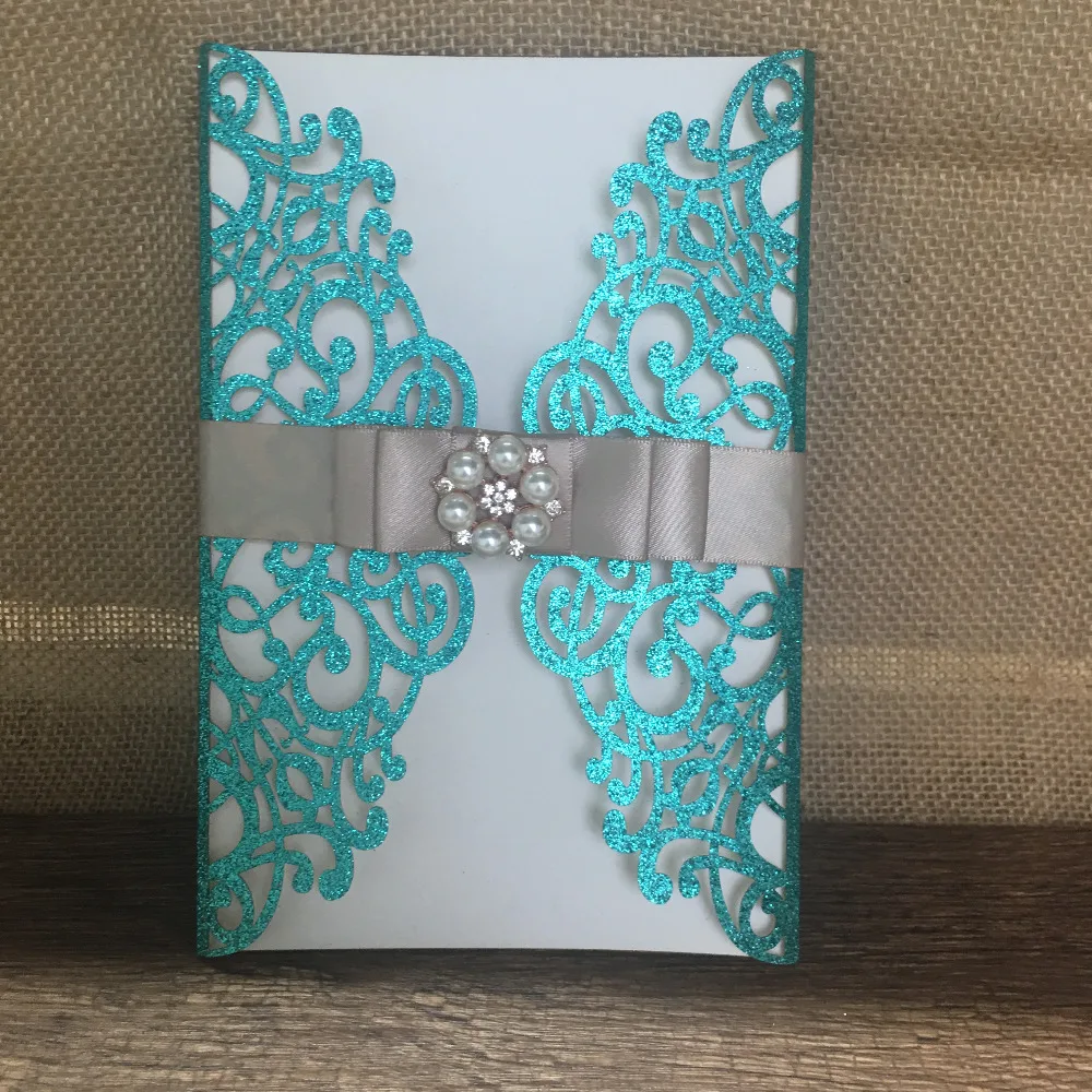 hot sell new arrival unique laser cut glitter paper wedding invitation card mint green color with personalize printing sample