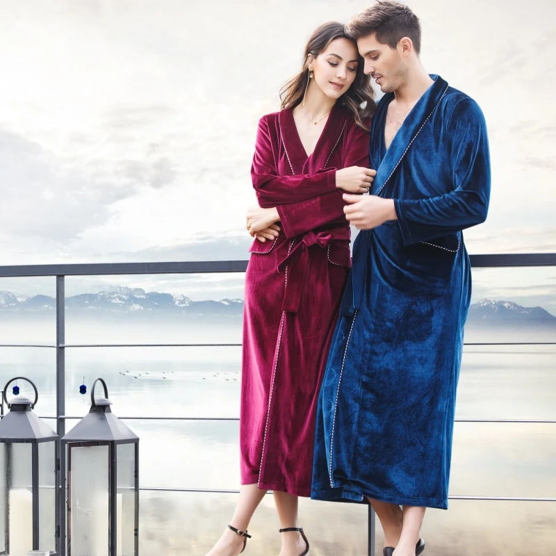 Men and Women Spring and Autumn Luxury Velvet Classic Shawl Collar Chest Suit Medium-Long Robe Nightgown Sleepwear Gown