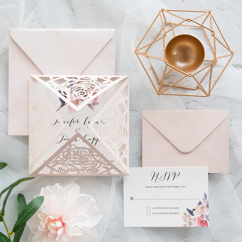 Swooping Stem-Blush Laser Cut Fold With Single Stem Floral Accent On Invitation