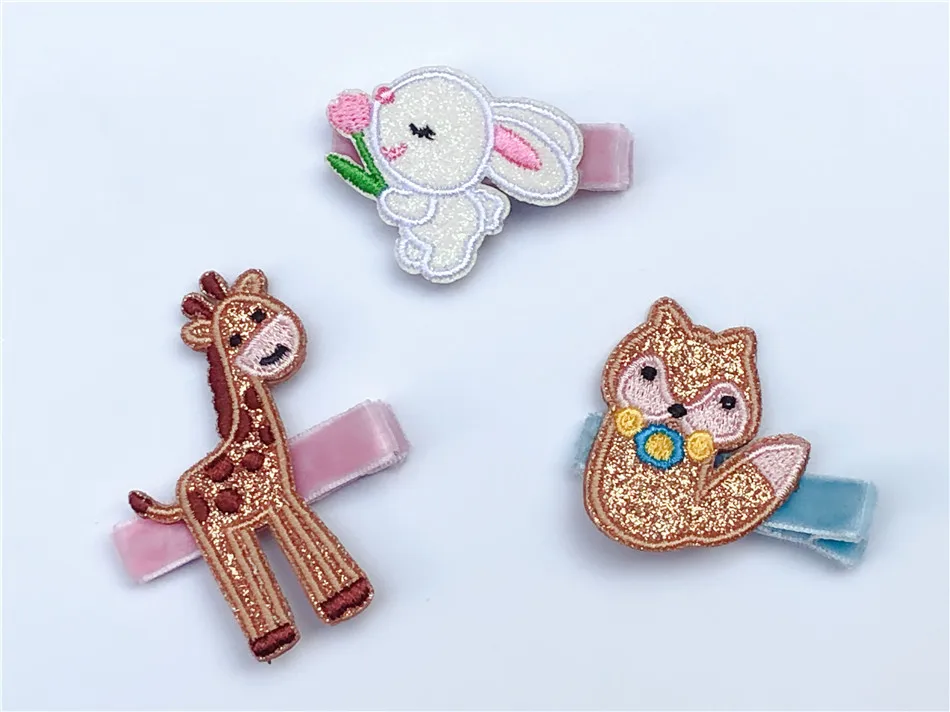 Boutique ins 15pcs Fashion Cute Embroidery Giraffe Squirrel Hairpins Solid Glitter Rabbit Hair Clips Fairy Hair Accessories