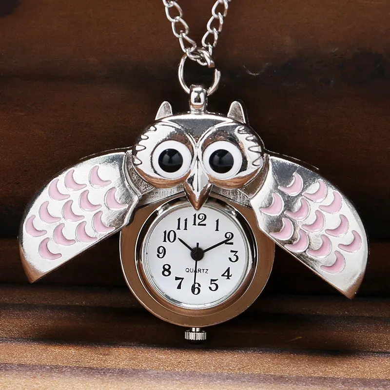 Cute Pink Owl Pocket Watch Kid Quartz Watch with Necklace Chain P582