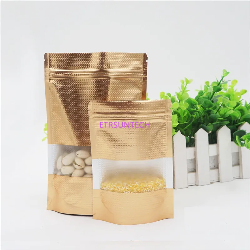 1000Pcs/Lot Gold with Window Stand Up Aluminum Foil Lines Self Seal Food Storage Doypack Coffee Tea Snack Party Pouch Bag