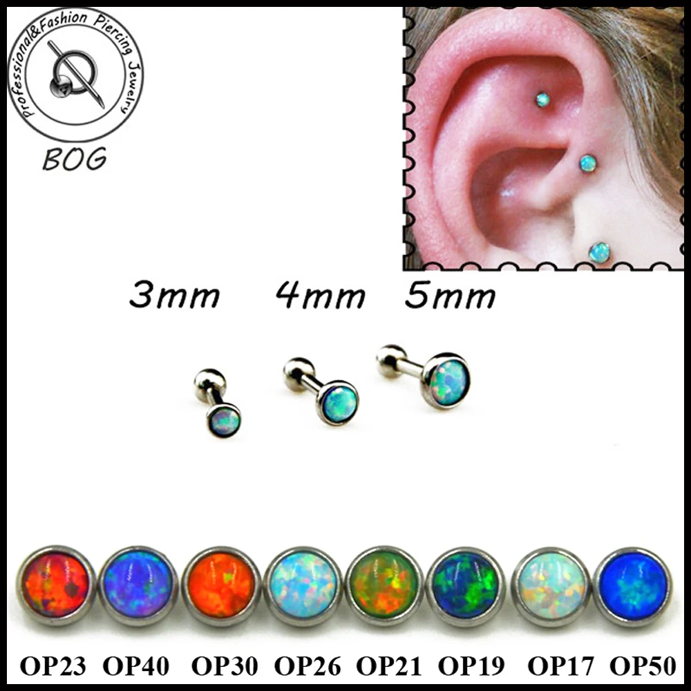 BOG-1PC 316L Surgical Steel Opal Stone Ear Tragus Cartilage Helix Earring 16g Charming Opal Piercing Body Jewelry