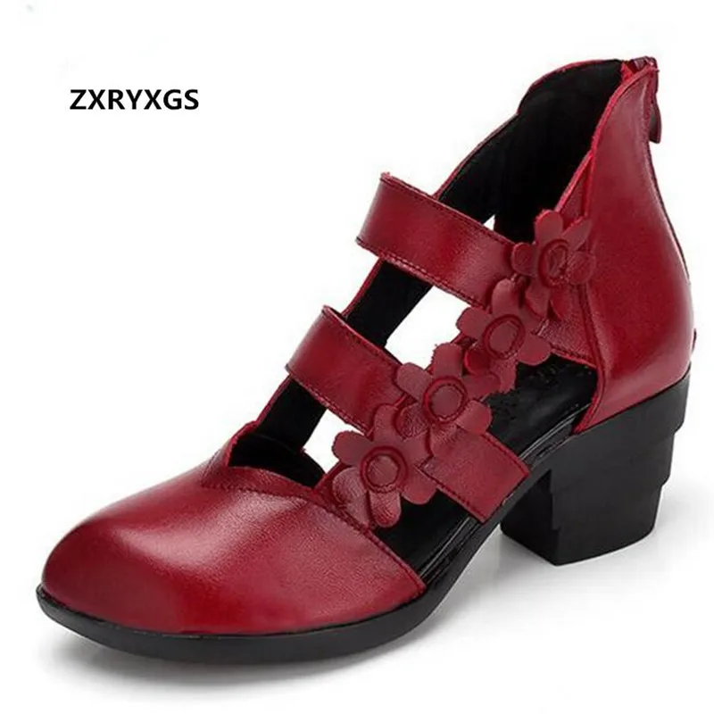 ZXRYXGS Round Toe Summer Sandals Women Shoes High Heels 2024 New Classic Flower Women Fashion Sandals Genuine Leather Sandals