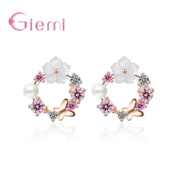 Pendientes de plata de ley 925 auténtica para mujer, mariposa bonita, flores de colores + Peal blanco, Circonia cúbica, cristal, joyería