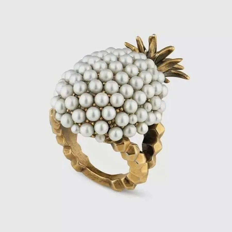 Rongho Design Baroque Vintage Pearl Pineapple Rings for Women Fashion Jewelry Gold Statement Ring Fruit Bijoux 2020