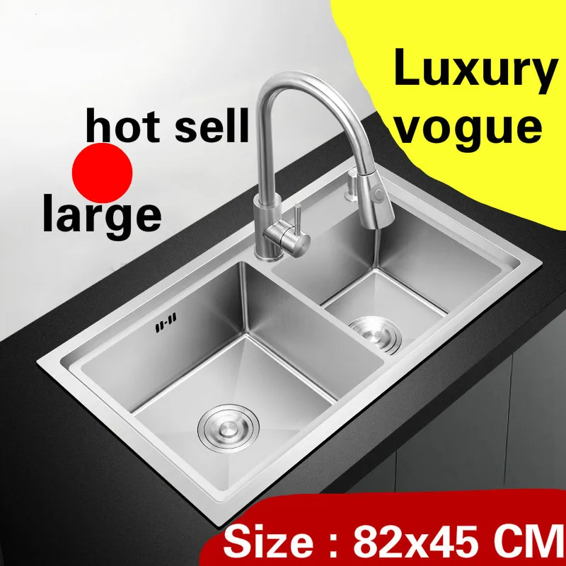 

Free shipping Apartment big kitchen manual sink double groove vogue 304 stainless steel high quality hot sell 820x450 MM