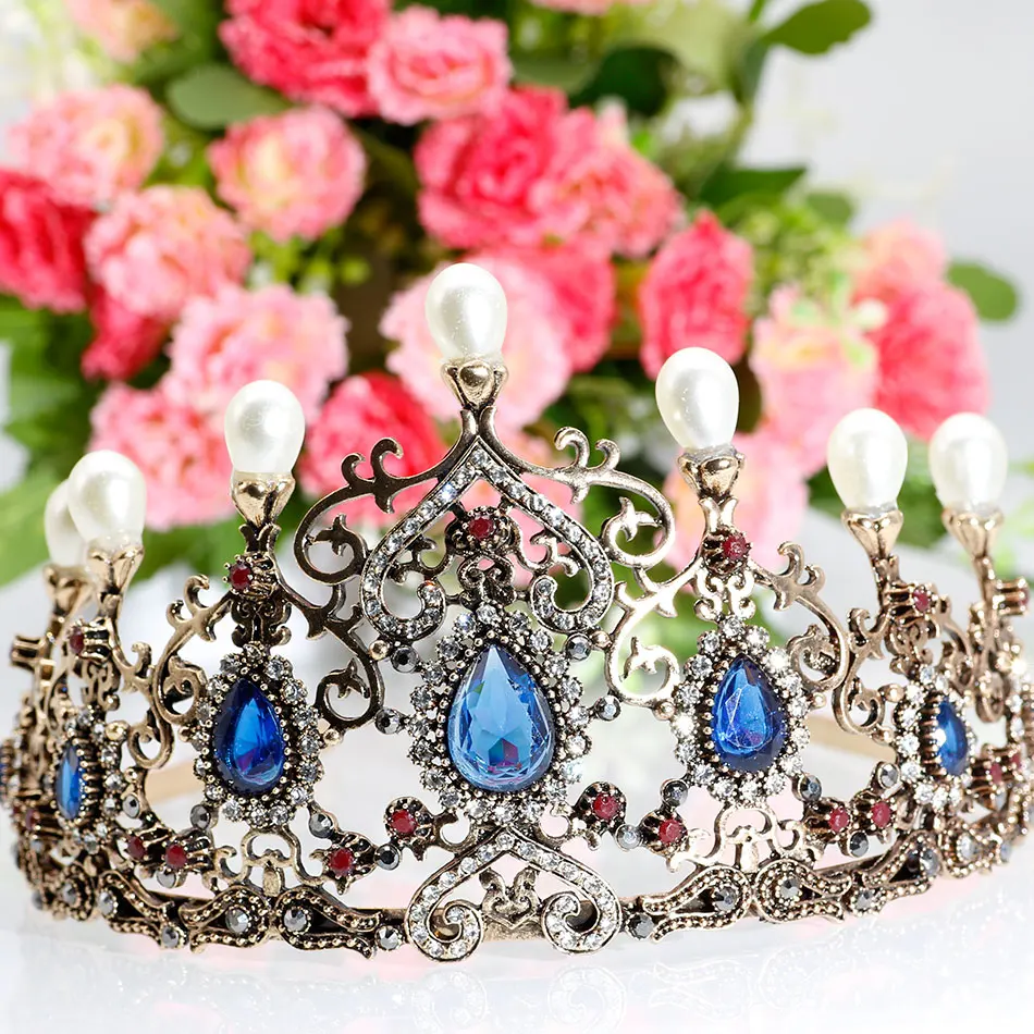 Sunspicems Vintage Turkish Crystal Pearl Tiara Bridal Crown Boehmia Wedding Hair Accessories Party Jewelry Big Headbands