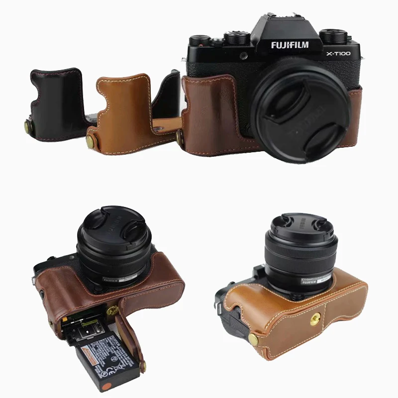 Portable PU Leather Case Camera Bag for Fujifilm Fuji X-T100 XT100 X T100 Half Body Set Cover with Battery Opening