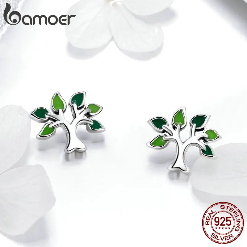 BAMOER 100% 925 Sterling Silver Tree of Life Stud Earrings Tree Leaves Leaf Earrings for Women Fashion Silver Jewelry SCE409