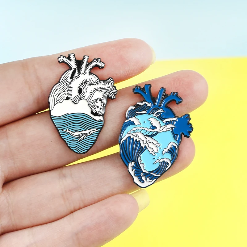 Blue Ocean Wave Organ Heart Enamel Brooches Ocean Wave Whale Pins Human Heart Anatomical Heart Badge Doctor Anatomy Jewelry gift