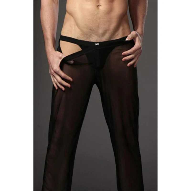 Pantalon Long Transparent pour homme, Sexy, ample, en maille, pour salon, Fitness, Pyjama, Lingerie Gay, sous-vêtements