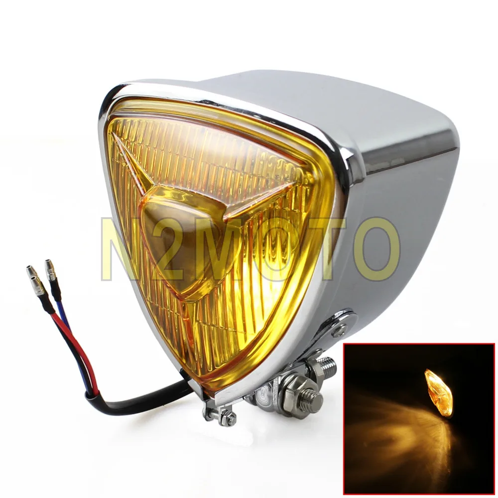 Chrome Motorcycles Vintage Triangle Headlight H4 12V 55/60W Head Lamp for Harley Chopper Cruisers Custom with Amber Lense