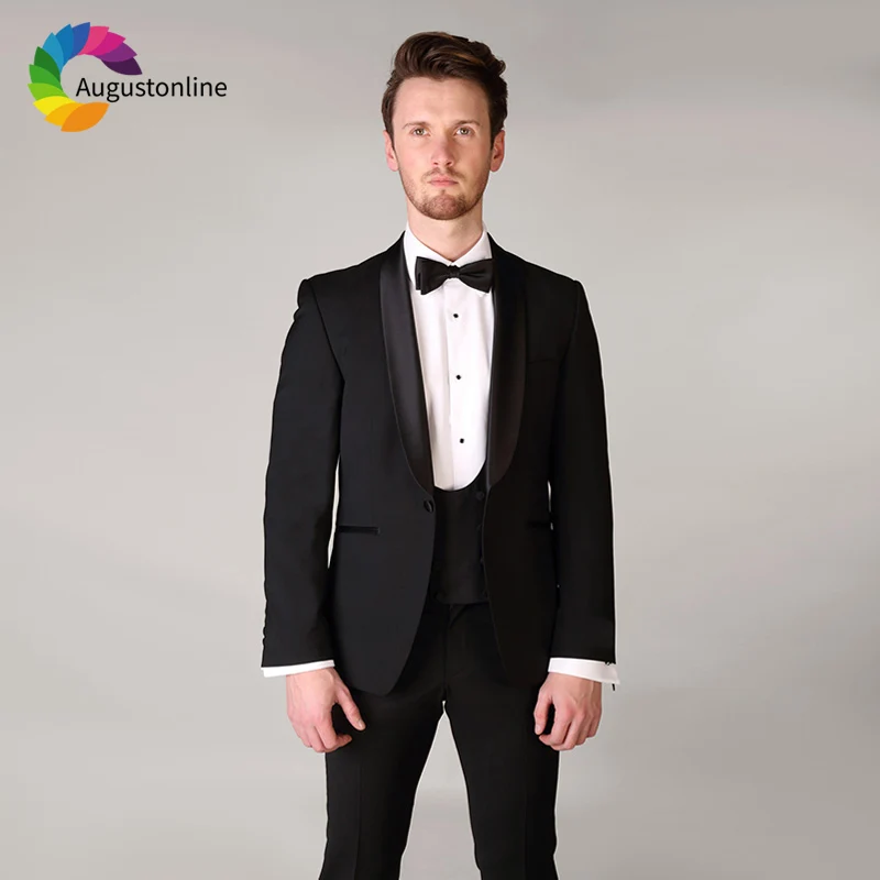 

Black Slim Fit Men Suits Wedding Groom Tuxedos Evening Prom Wear 3 Pieces (Jacket+Pants+Vest) Groomsmen Suits Costume Homme
