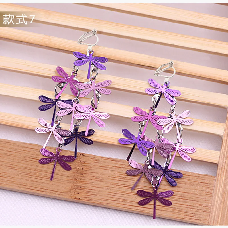 JIOFREE Fashion Long Vintage Colorful dragonfly Clip on Earrings for Women Boho Statement Non Pierced Charm Jewelry