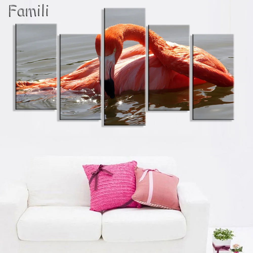 

5panel/set Wall Art Painting Flamingo Walking In Beach Pictures Unframed Prints On Canvas Animal Wall Pictures For Living Room