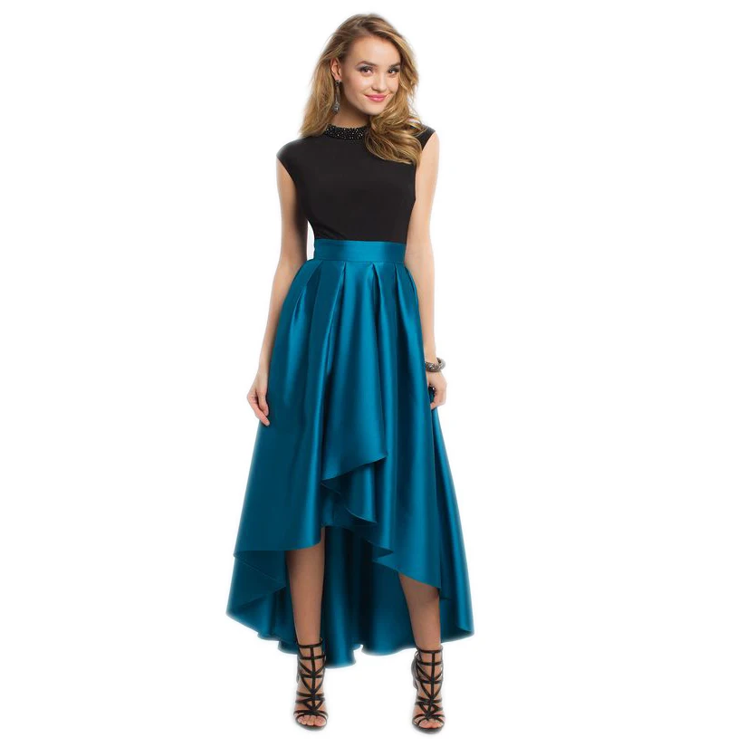 Good Quality High Low Skirt Wide Smooth Zipper Waistline Floor Length Long Maxi Skirt Navy Blue Pleated Asymmetrical Skirts