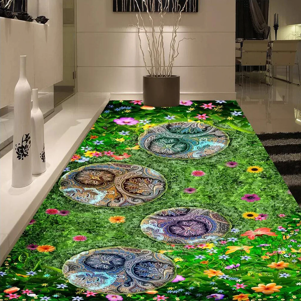 Papel de parede chão 3d com jardim e grama verde