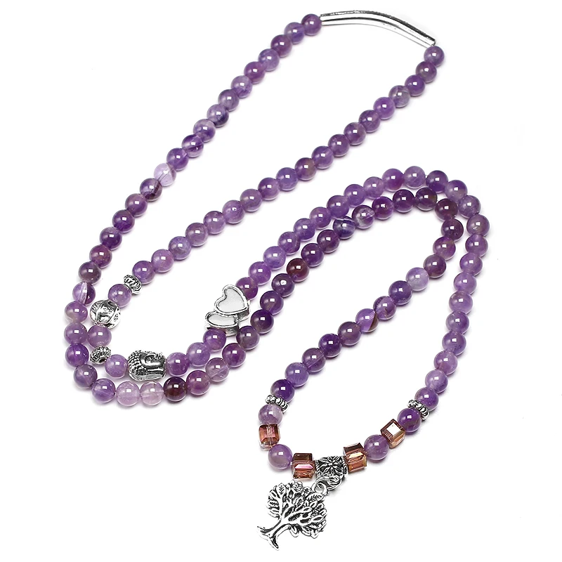 Natural Amethyst Purple Quartz Crystal 6mm Buddhist Buddha Meditation 108 Prayer Bead Mala Bracelet Women Necklace Jewelry