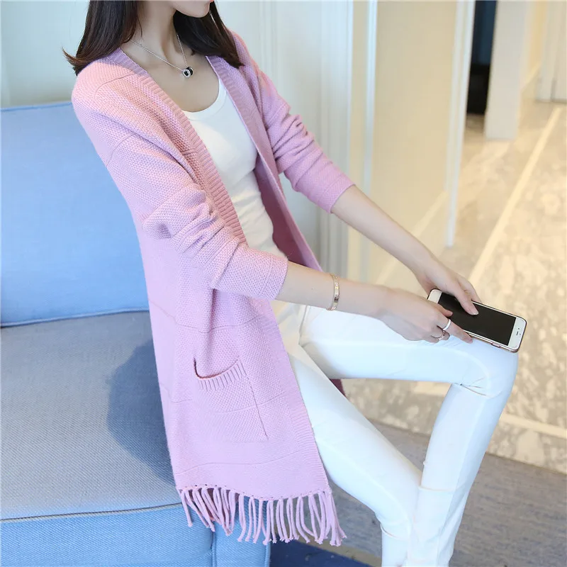 Tassel Cardigan For Women Autumn Winter Long Sleeve V Neck Pure Color Knitted Sweater Fringed Jackets Female Open Knit Cardigans