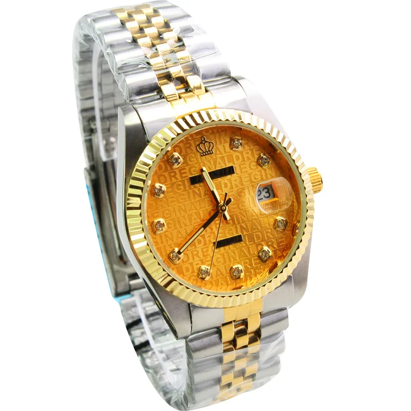 HK-Reloj de pulsera de cuarzo para hombre y mujer, cronógrafo de acero dorado de lujo con corona, movimiento japonés, marca de moda