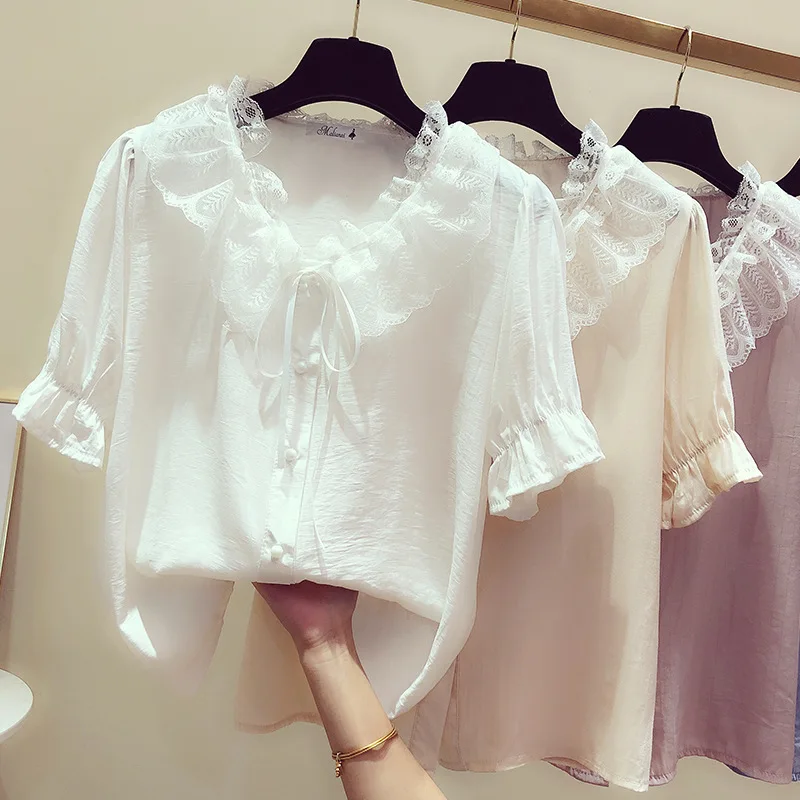 Sweet Lace Bowknot Shirt Women\'s Summer Short Sleeve V Collar Blouse Top Girl Pure Color New Korean Preppy Style Shirts H9155