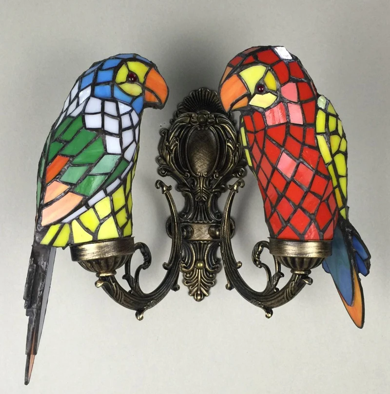 

Retro Vintage Colorful Glass Wall Lamp American Tiffany Home Deco Parrot Aluminum Wall Sconce Light Fixture E14 Bulb