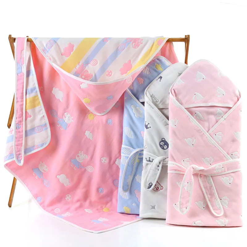 90*90cm Manufacturer pure cotton six - layer gauze children holding cartoon - covered blanket baby bath towel with hat towel