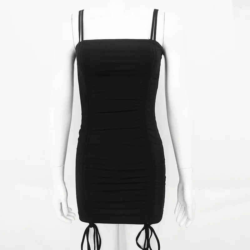 Neon Green Black White Ruched Bandage Sexy Dress Party Club Wear Summer Streetwear Women Spaghetti Strap Mini Bodycon Dresses