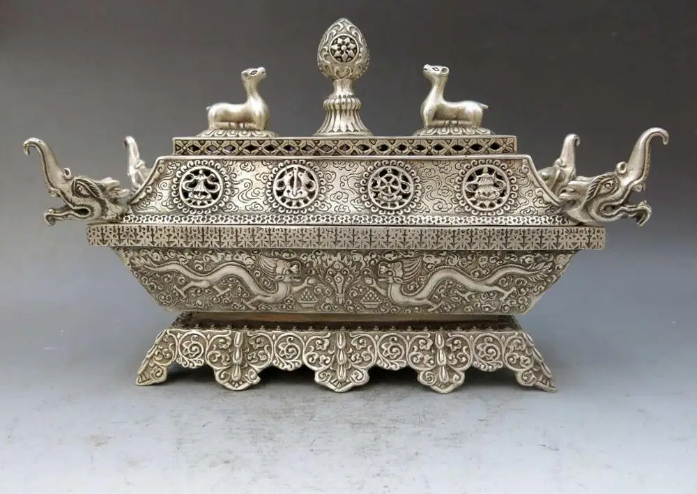 China silver handwork carved eight treasures censer dragon incense burner Statue