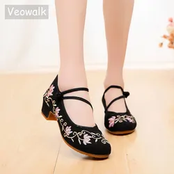 Veowalk Triangle Strap Women 4CM Medium High Heels Ladies Canvas Embroidered Block Heels Pumps Womens Comfort Old Beijing Shoes